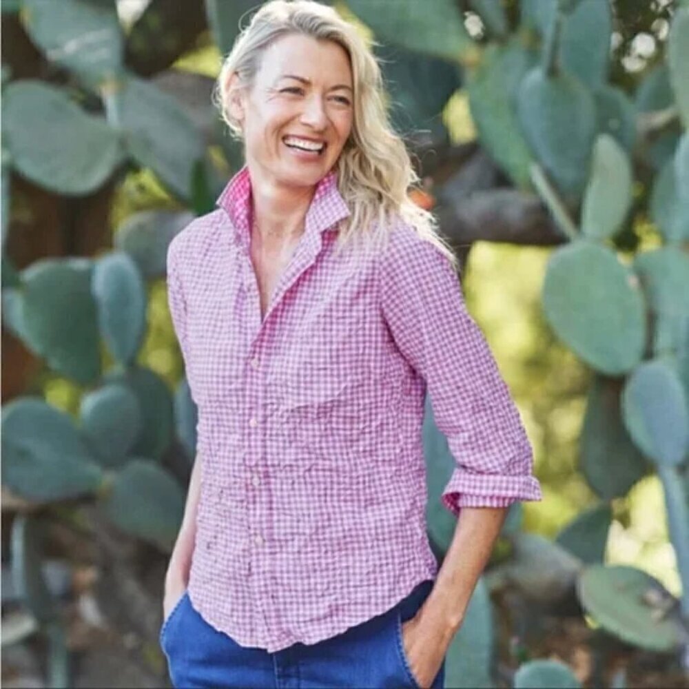 Frank & Eileen 'Barry' Pink Gingham Crinkle Button Up Shirt, Size XS